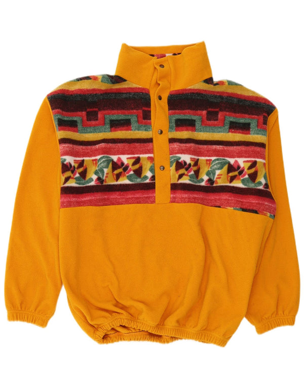Vintage Herren-Fleecepullover mit Knopfkragen, XL, gelb, geometrisch