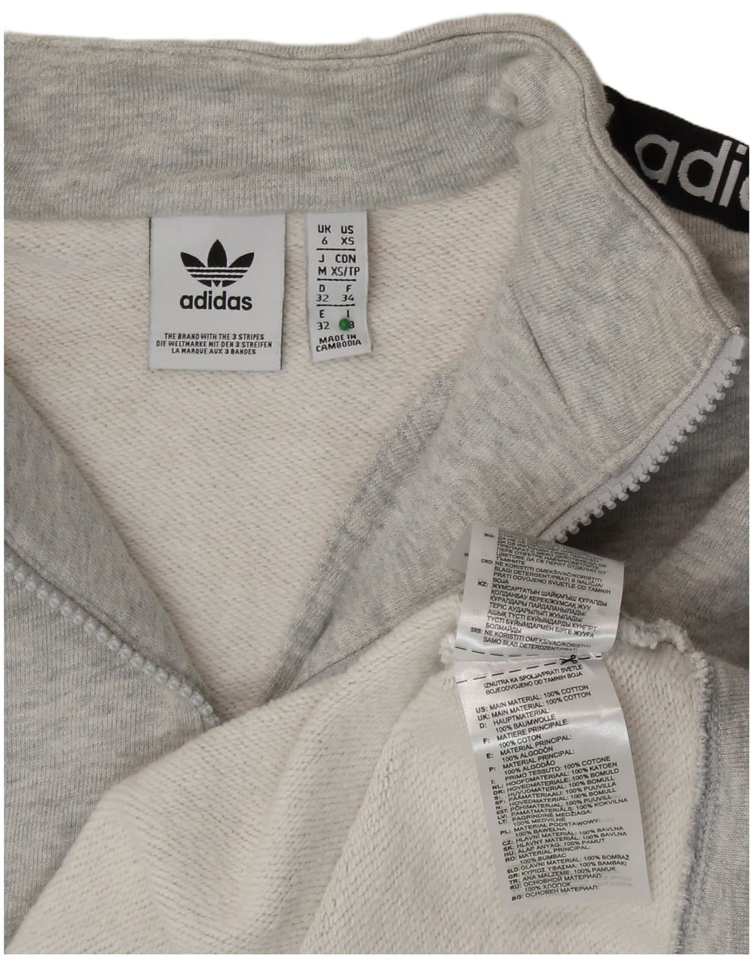 ADIDAS Damen Crop Graphic Zip Neck Sweatshirt Pullover UK 6 XS Graue Baumwolle