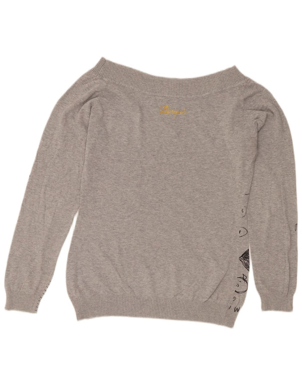 Desigual Damen-Pullover mit grafischem U-Boot-Ausschnitt, UK 20 2XL, graue Baumwolle