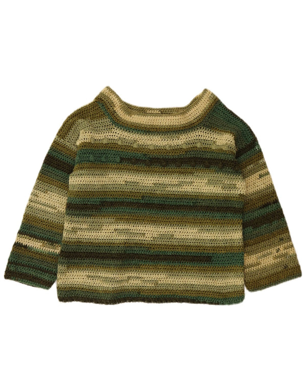 Vintage Damen Crop Boat Neck Pullover Pullover UK 14 Mittelgrün gestreift
