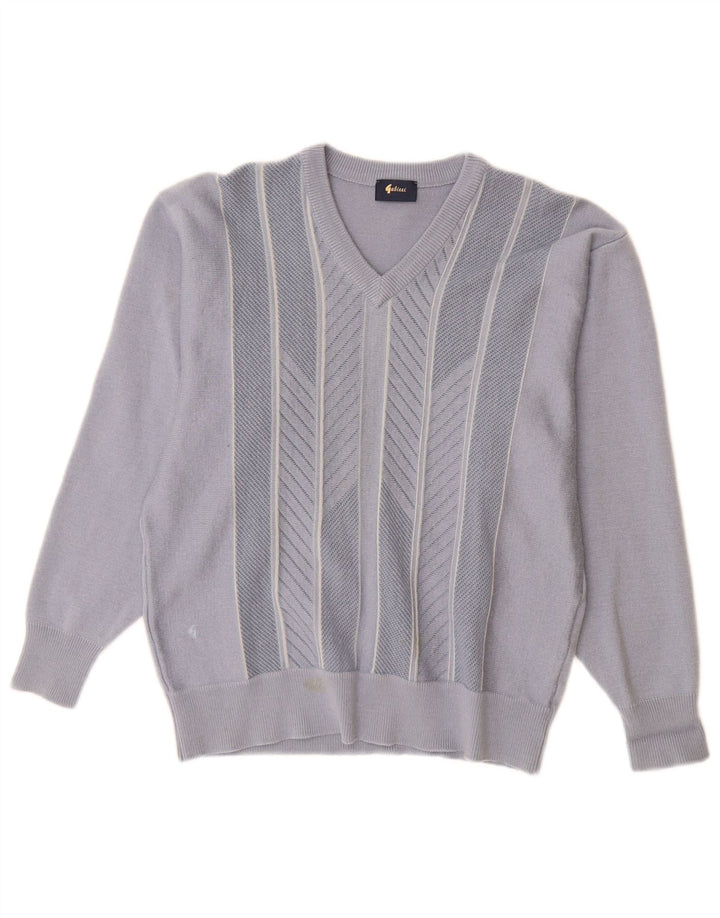 Gabicci Herren-Pullover mit V-Ausschnitt aus mittelblauer, gestreifter Wolle