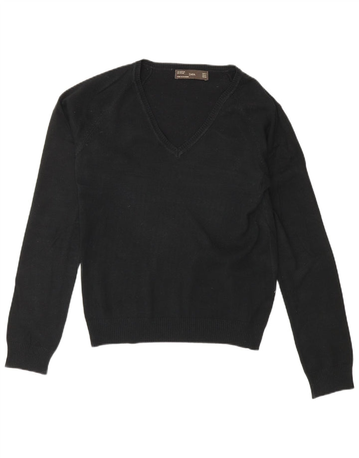 Zara Damen-Pullover mit V-Ausschnitt, UK 12, mittelschwarz, Baumwolle
