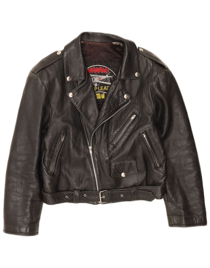 Vintage Damen Crop Leder Bikerjacke IT 46 Großes schwarzes Leder