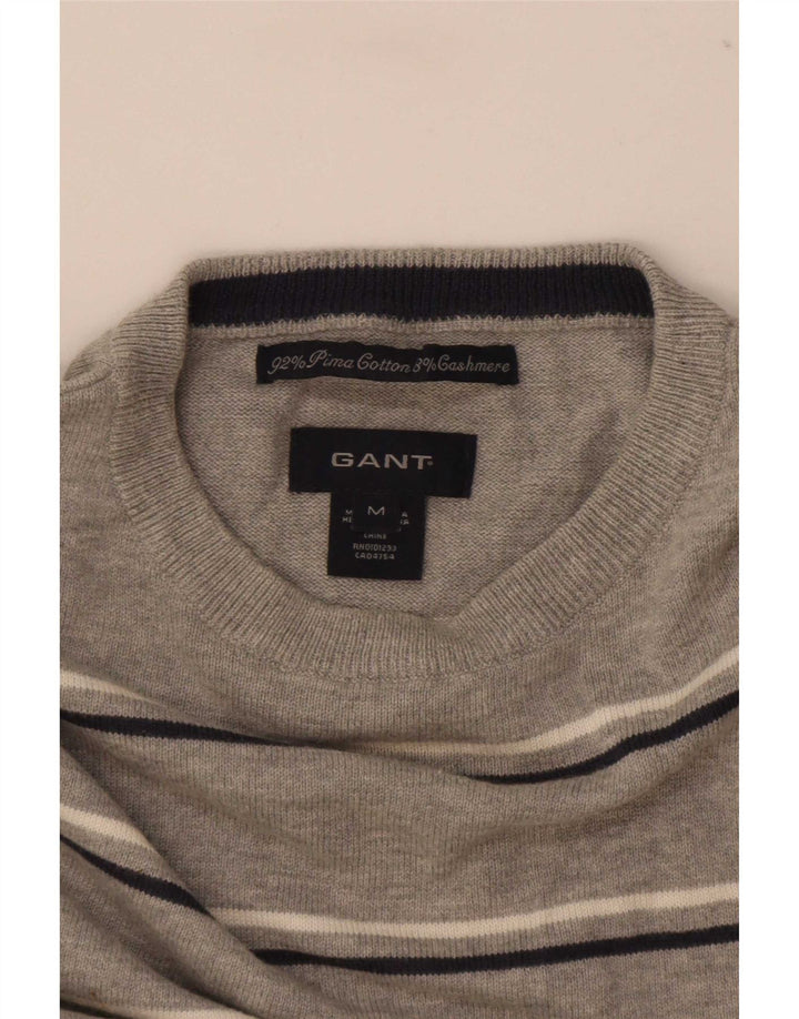 Gant Herren-Pullover mit Rundhalsausschnitt, mittelgrau, gestreift, Baumwolle