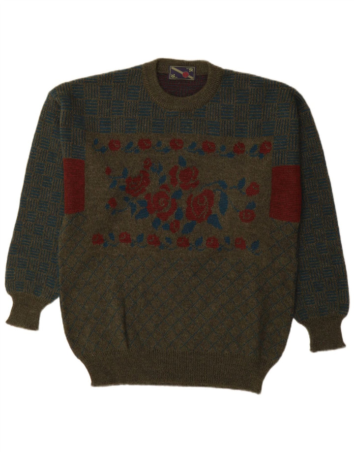 Vintage Herren Pullover mit Rundhalsausschnitt Medium Khaki Floral