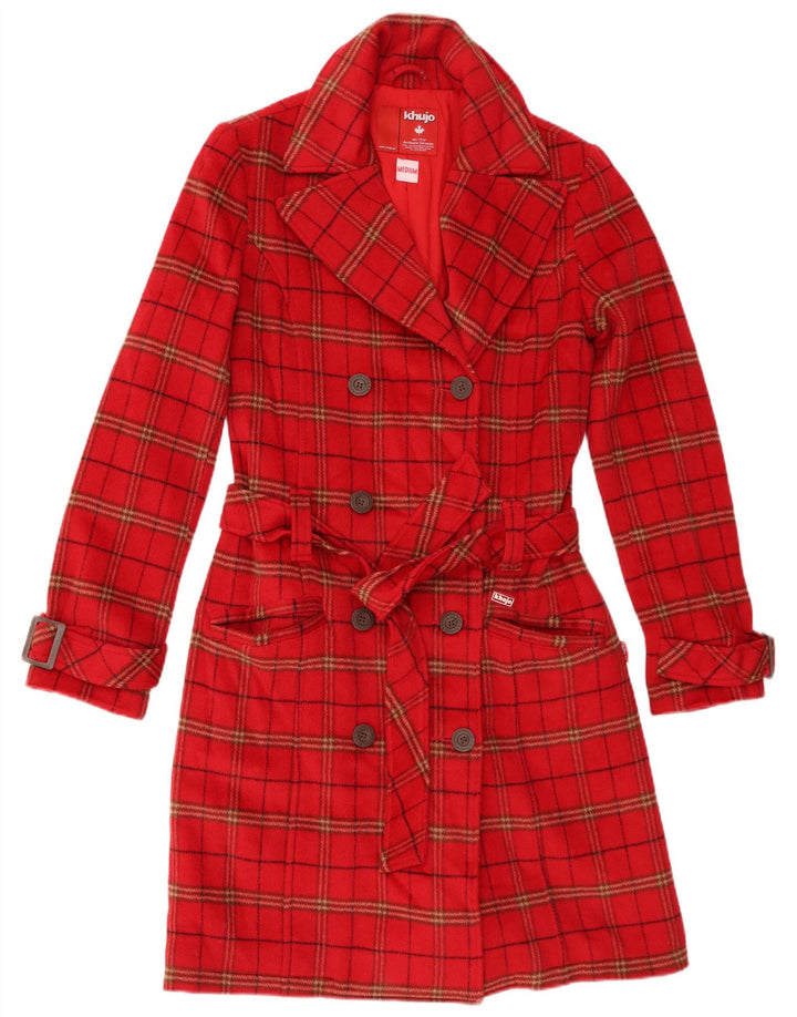 KHUJO Zweireihiger Damenmantel UK 12 Mittelrot karierte Wolle