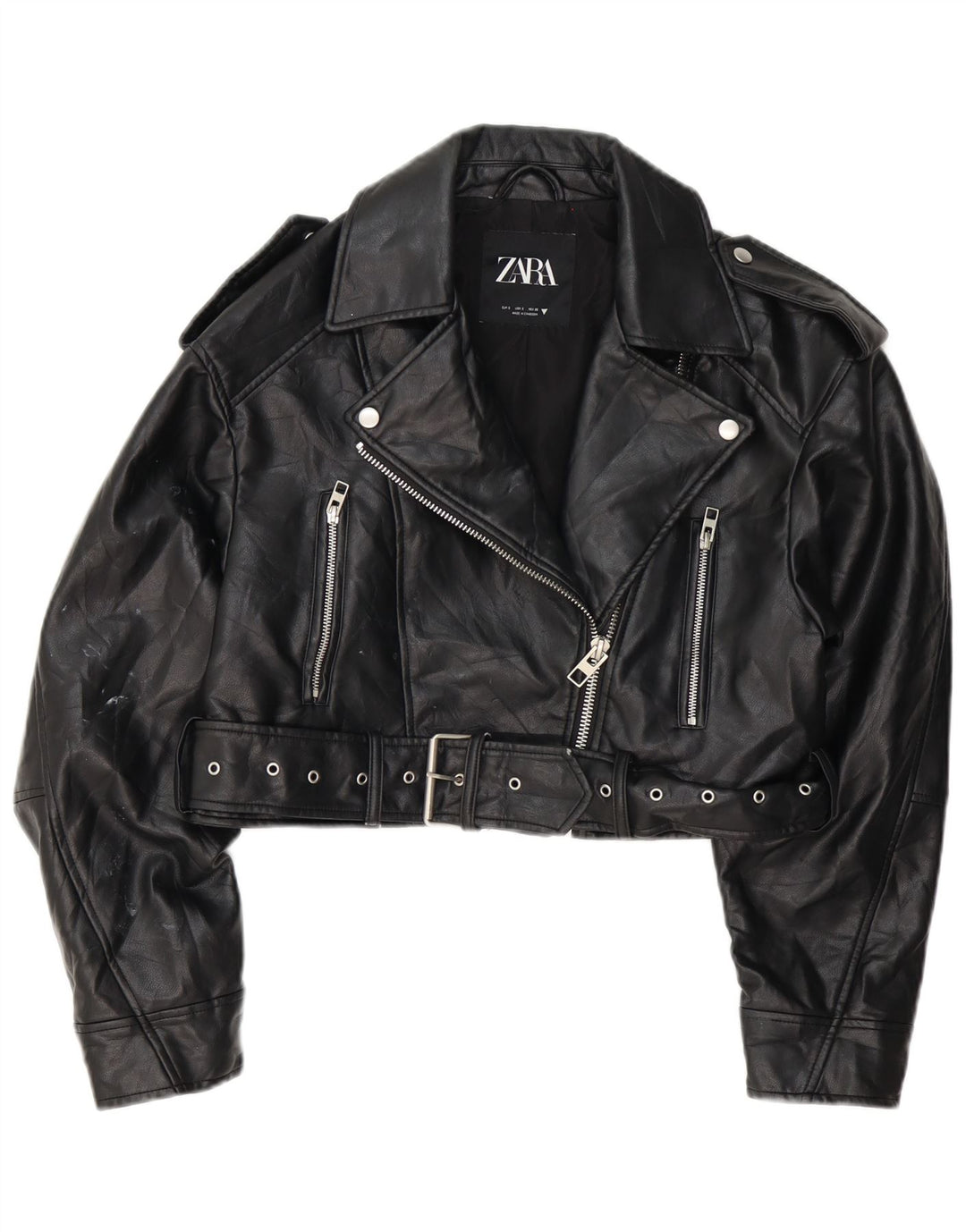Zara Damen Crop Übergroße Bikerjacke aus Kunstleder UK 10 Small Schwarz