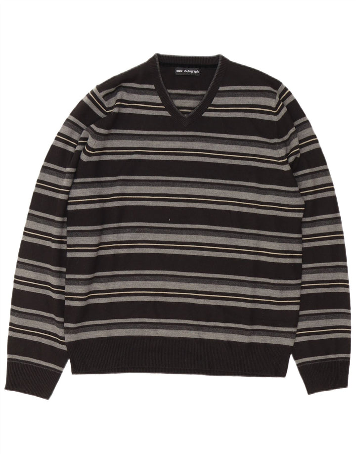 Marks & Spencer Herren Autograph Pullover mit V-Ausschnitt Mittelschwarz gestreift