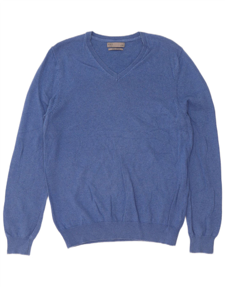 Marks & Spencer Herren-Pullover mit V-Ausschnitt aus mittelblauer Baumwolle