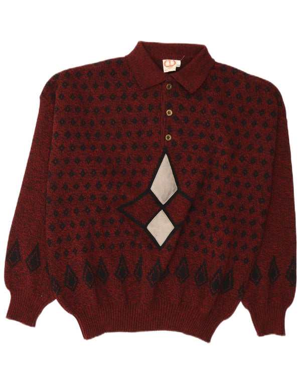 Vintage Herren Rollkragenpullover IT 54 XL Burgund Argyle/Diamond Wool