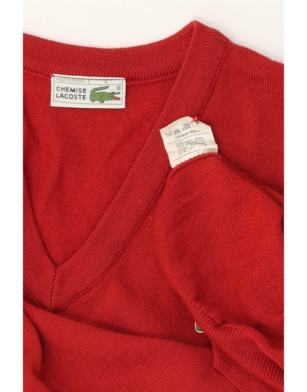 Lacoste Herren-Pullover mit V-Ausschnitt, Größe 4, mittelrote Schurwolle
