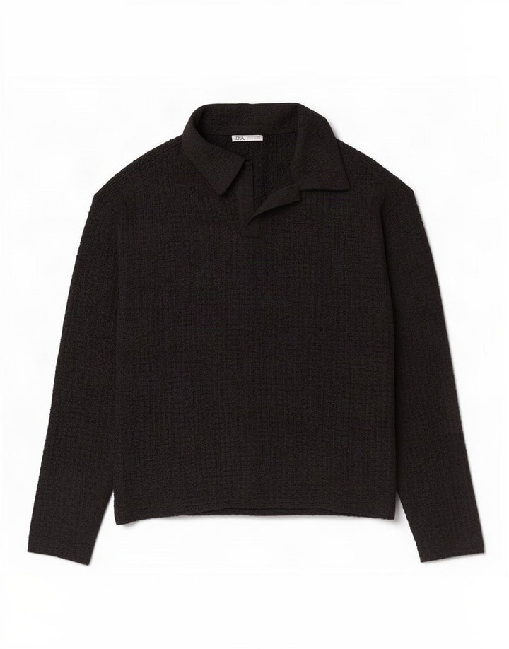 Zara Herren-Langarm-Poloshirt, Größe S, Schwarz, Polyester