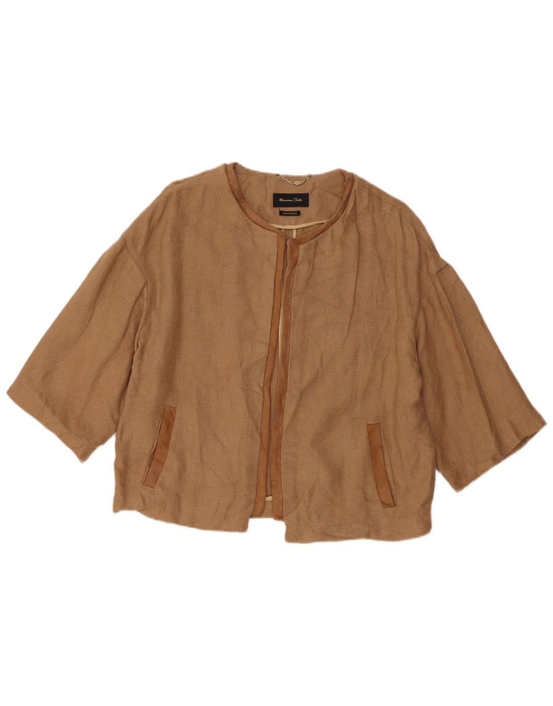 Massimo Dutti Damen-Blazer mit 3/4-Ärmeln, offen, UK 16, großes braunes Leinen