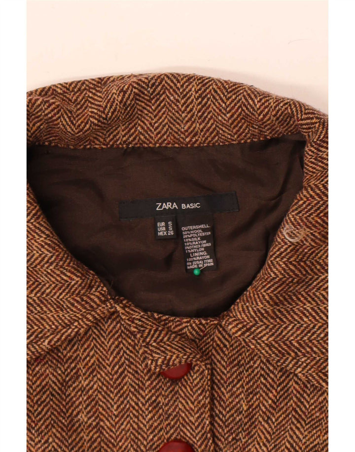 Zara Damen Bolerojacke UK 10 Kleine braune Wolle mit Fischgrätenmuster