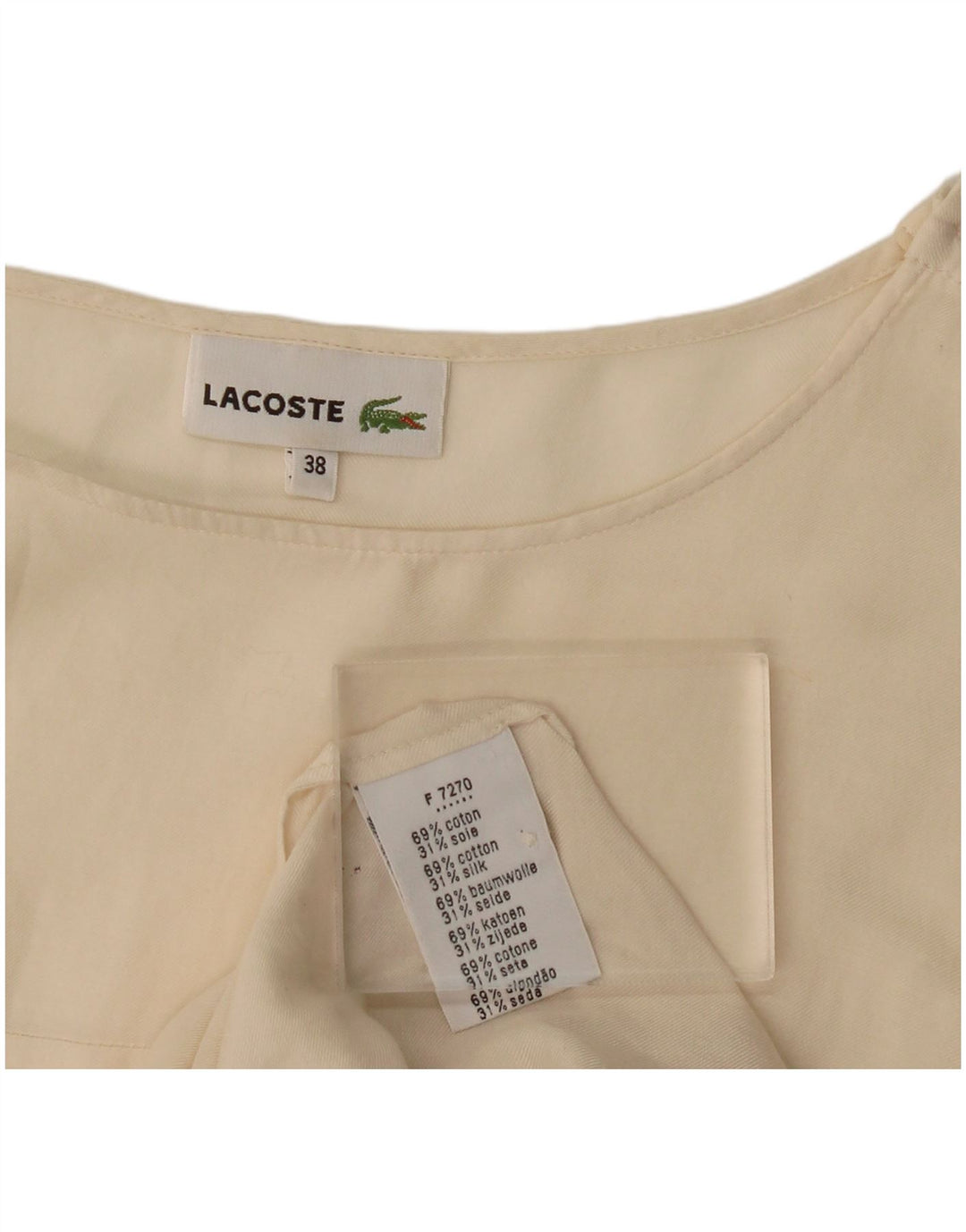Lacoste Damen-Blusenoberteil mit 3/4-Ärmeln, Größe 38, mittlere, cremefarbene Baumwolle