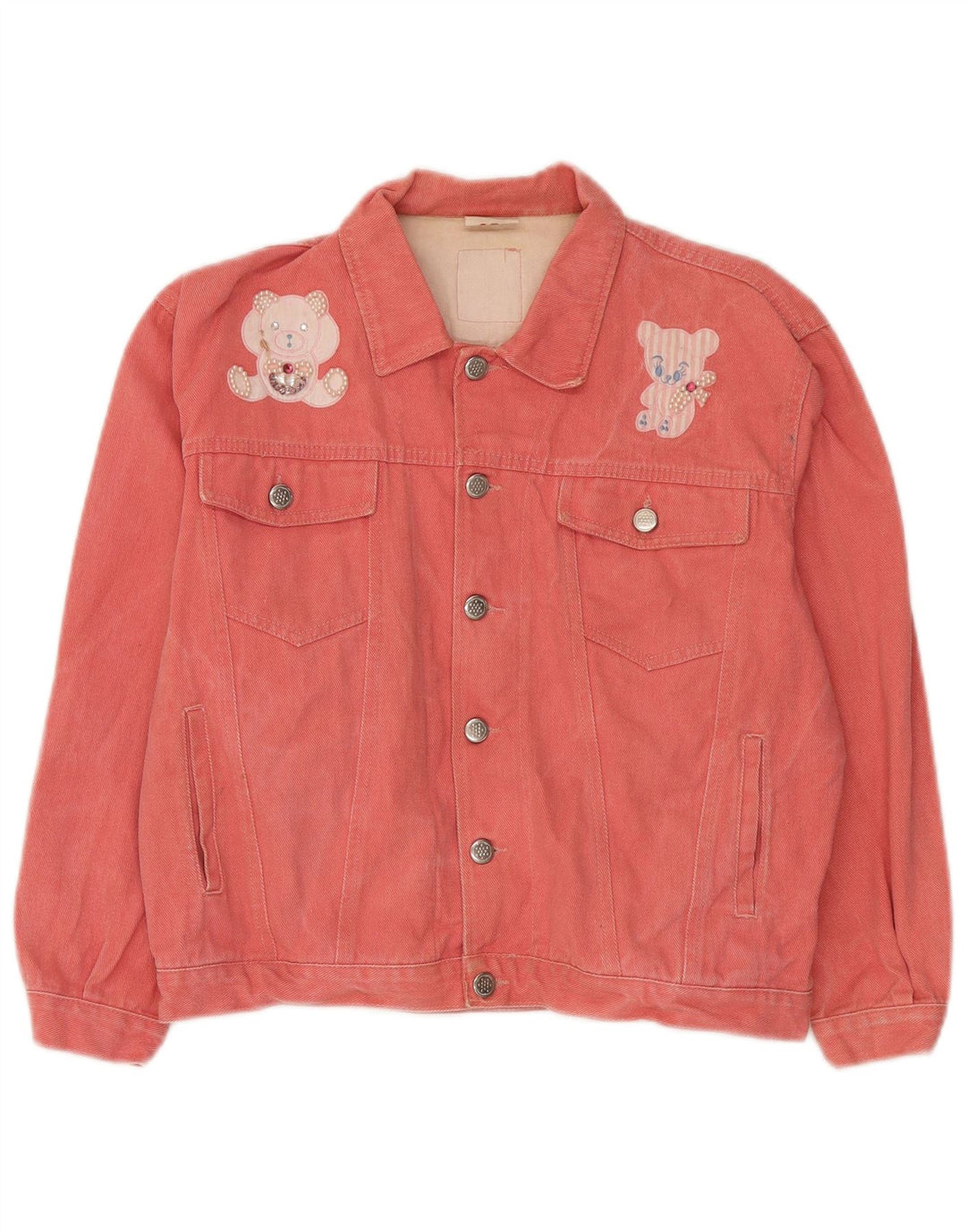 Vintage Damen Jeansjacke mit Teddybär-Grafik, IT 42, mittelrosa Baumwolle