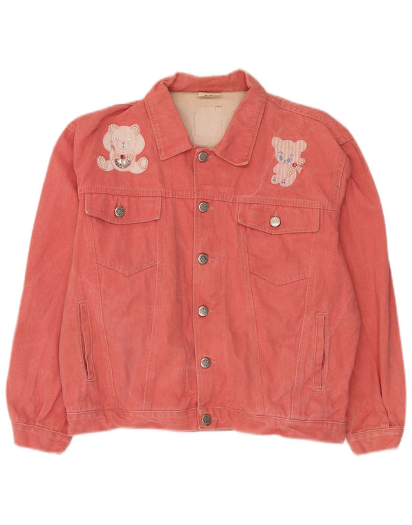 Vintage Damen Jeansjacke mit Teddybär-Grafik, IT 42, mittelrosa Baumwolle