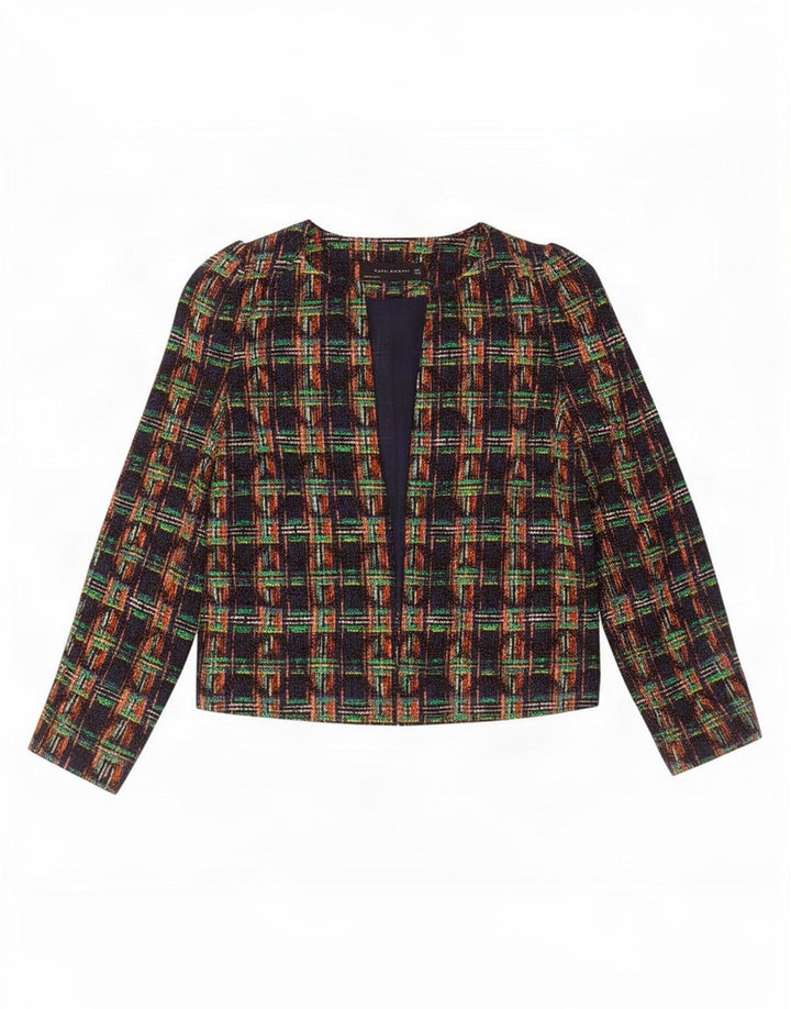 Zara Damen Crop Open Blazer Jacke UK 10 Small Mehrfarbig kariert Baumwolle