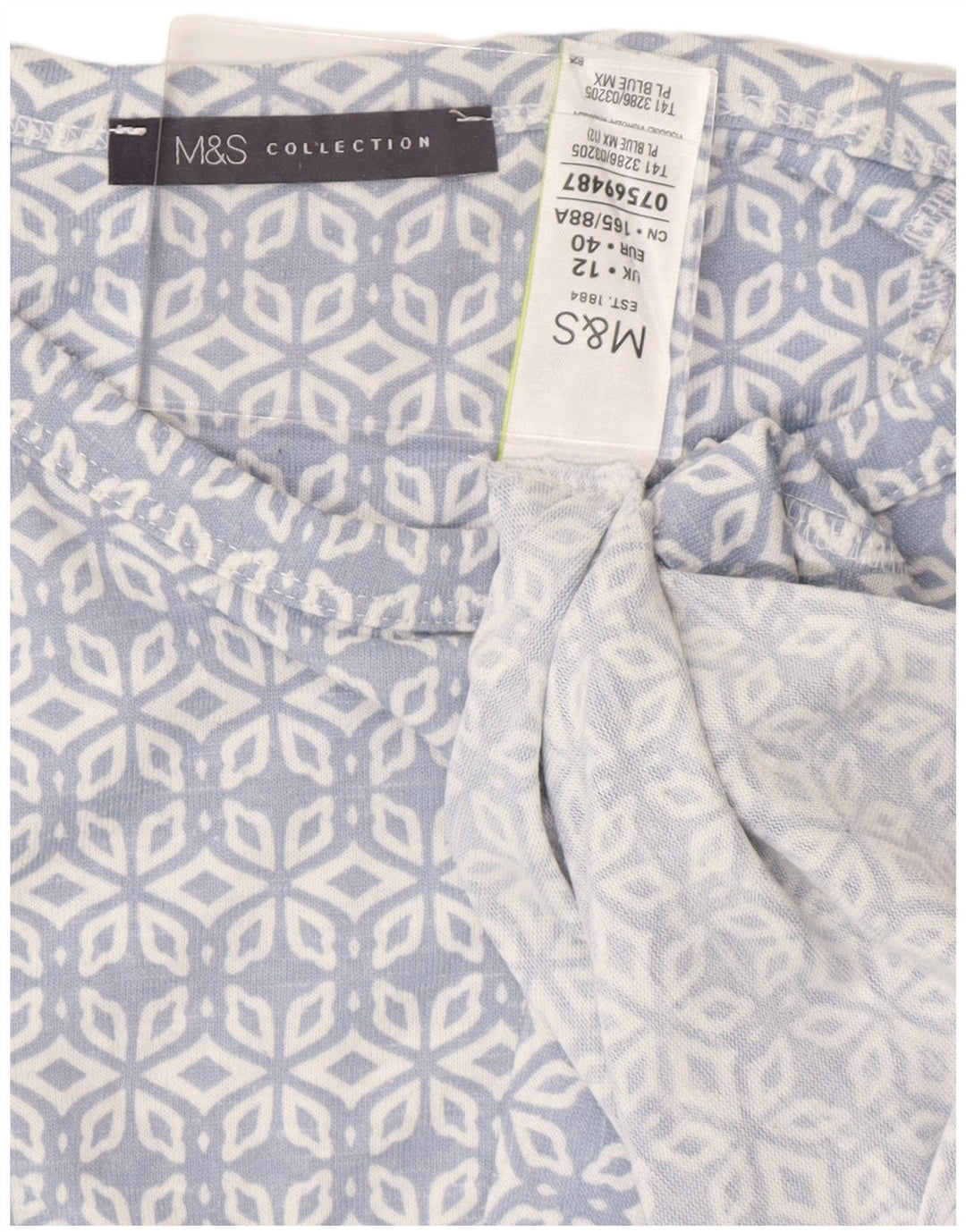 MARKS & SPENCER Damen Top 3/4 Ärmel UK 12 Mittelblau Geometrisch