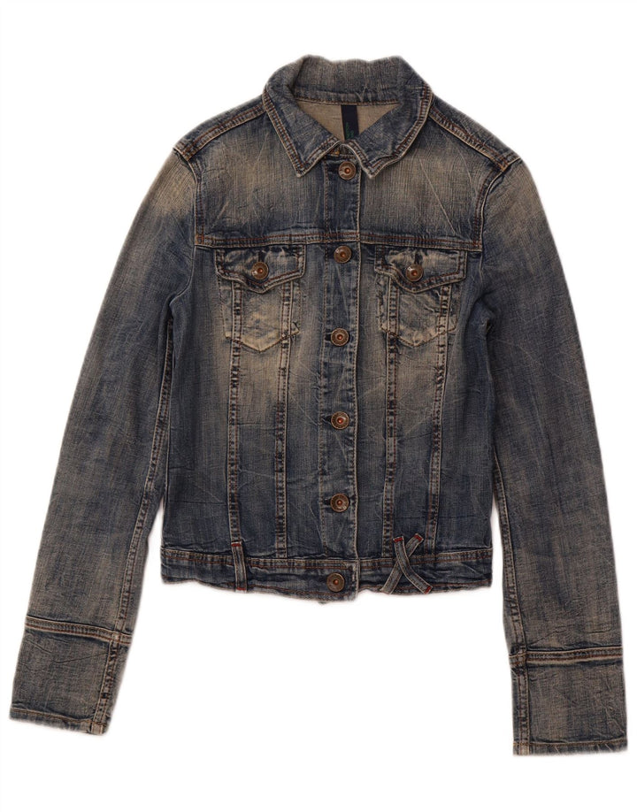 BENETTON Damen Crop Denim Jacke UK 10 Small Blaue Baumwolle