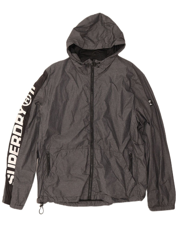 Superdry Damen-Regenjacke mit Kapuze und Grafik, UK 20 2XL, graues Colourblock-Nylon
