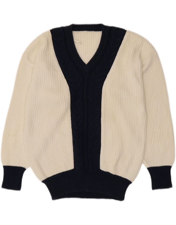 VINTAGE Damen-Pullover mit V-Ausschnitt, UK 16, Größe L, Weiß, Farbblock