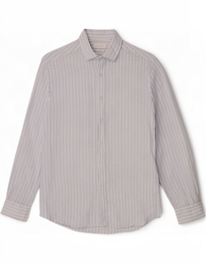 Massimo Dutti Herrenhemd, groß, blaues Nadelstreifen-Leinen