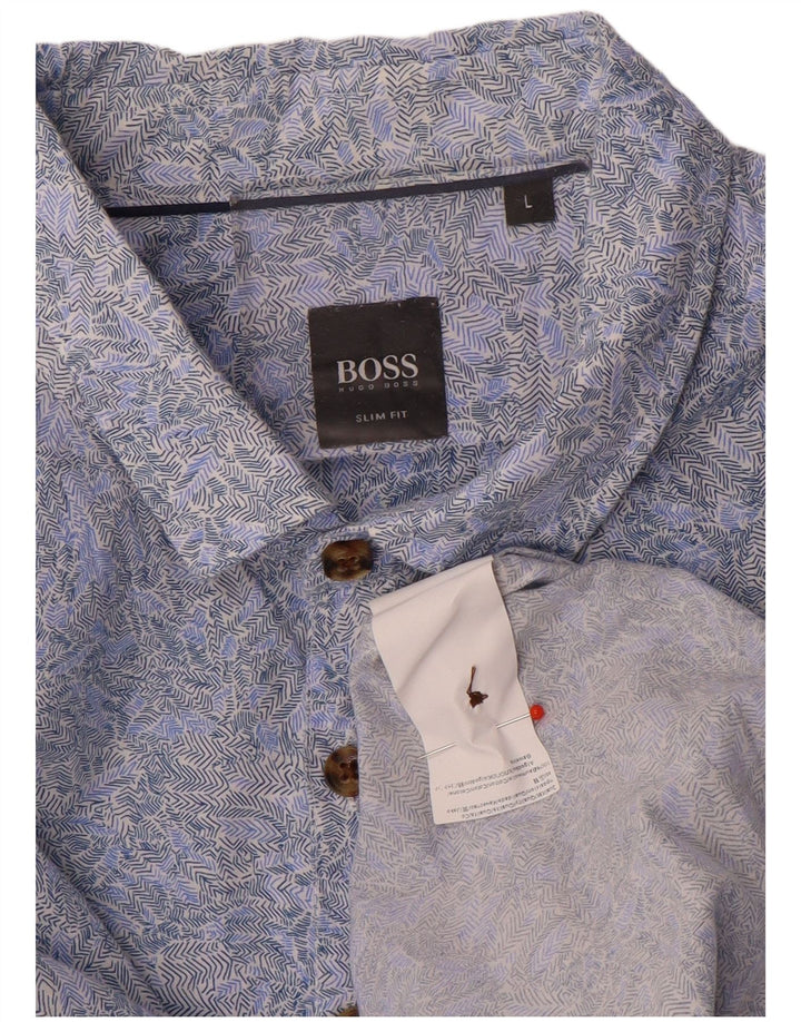 Hugo Boss Herren-Hemd mit abstraktem Muster, schmale Passform, groß, aus blauer Baumwolle