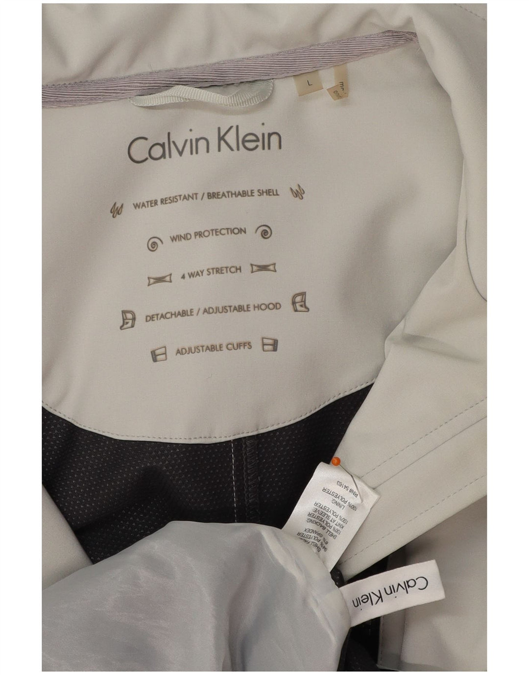CALVIN KLEIN Damen-Windbreaker-Mantel mit Kapuze, UK 16, Größe L, grau, Polyester