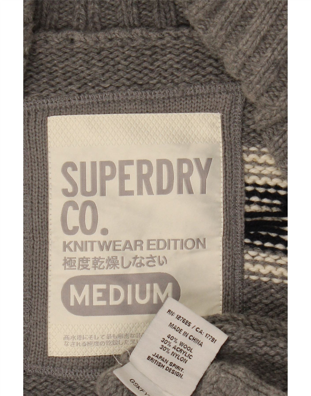 Superdry Damen-Cardigan-Pullover UK 14 Mittelgraue geometrische Wolle