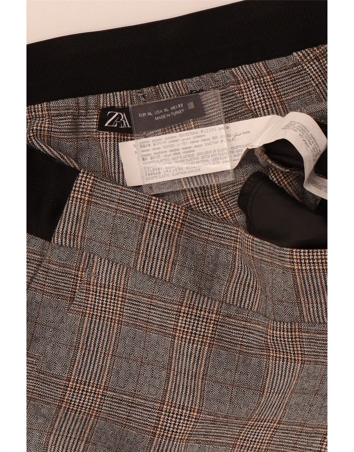 ZARA Damen Tapered Cropped-Hose XL W32 L24 Graues Hahnentritt-Polyester