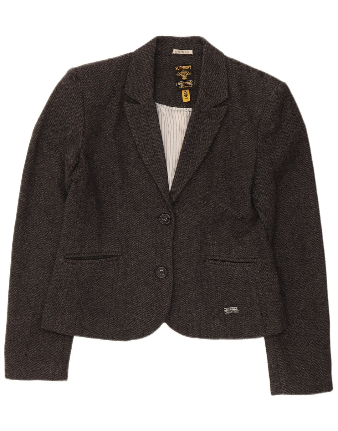 Superdry Damen-Blazer mit 2 Knöpfen, UK 14, Größe L, graue Wolle mit Fischgrätenmuster