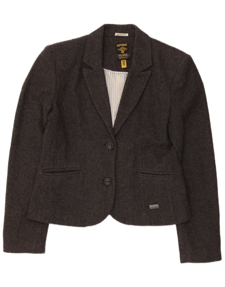 Superdry Damen-Blazer mit 2 Knöpfen, UK 14, Größe L, graue Wolle mit Fischgrätenmuster