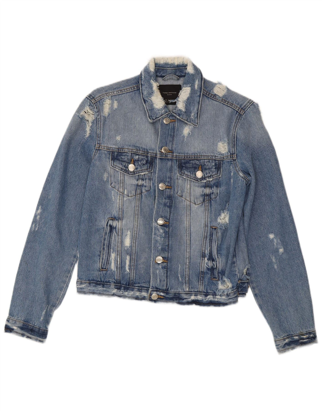 Zara Damen Crop Distressed Denim Jacke UK 12 Mittelblaue Baumwolle