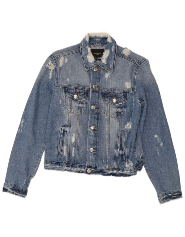 Zara Damen Crop Distressed Denim Jacke UK 12 Mittelblaue Baumwolle
