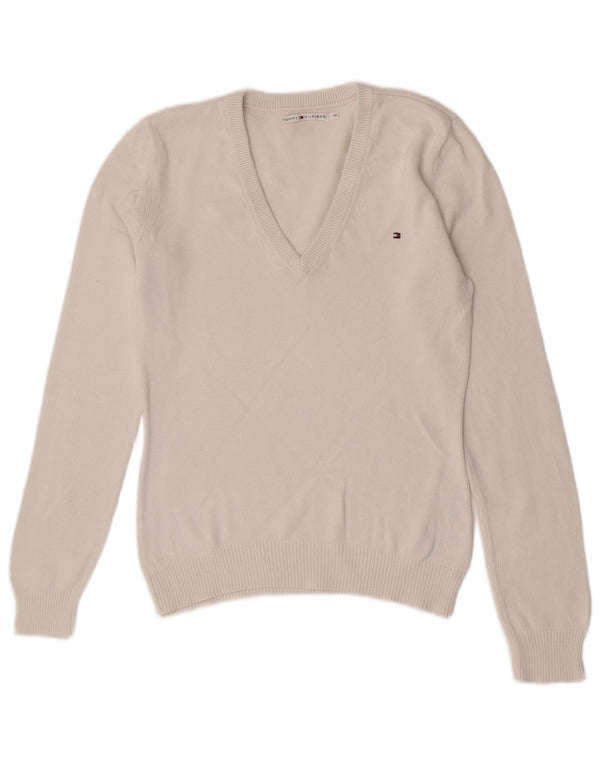 Tommy Hilfiger Damen-Pullover mit V-Ausschnitt, UK 14, mittelweiße Baumwolle
