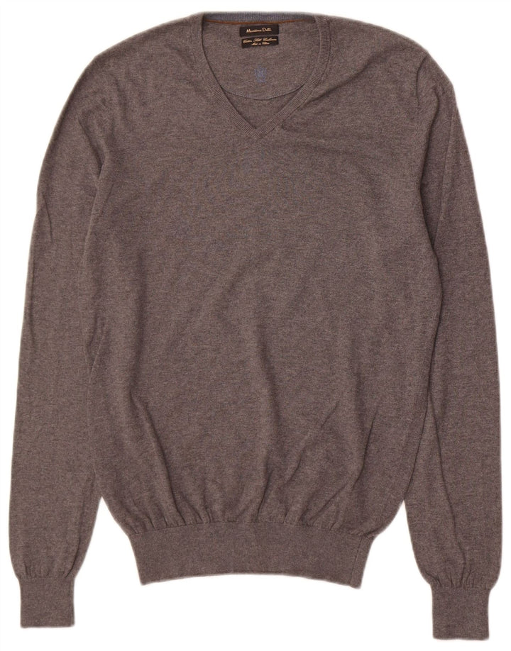 Massimo Dutti Herren-Pullover mit V-Ausschnitt, Größe S, graue Baumwolle