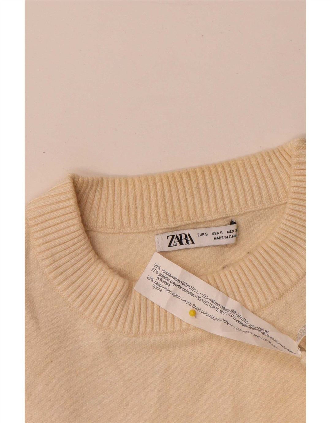 Zara Herren-Pullover mit Rundhalsausschnitt, klein, beige Viskose