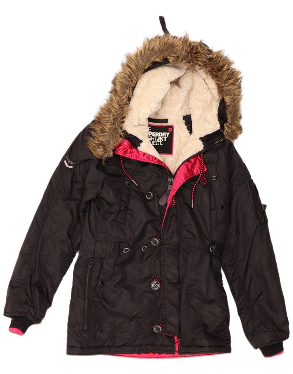 Superdry Damen-Parka mit Kapuze, UK 6 XS, schwarzes Nylon