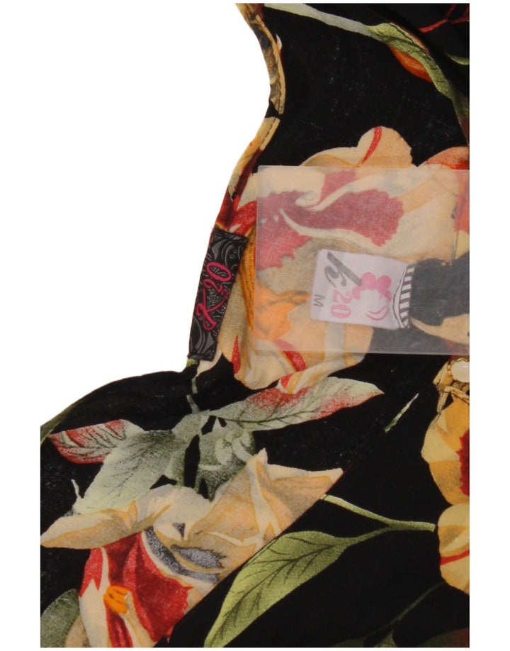 VINTAGE Crop-Shirt-Bluse für Damen, UK 12, mittlere schwarze Viskose mit Blumenmuster