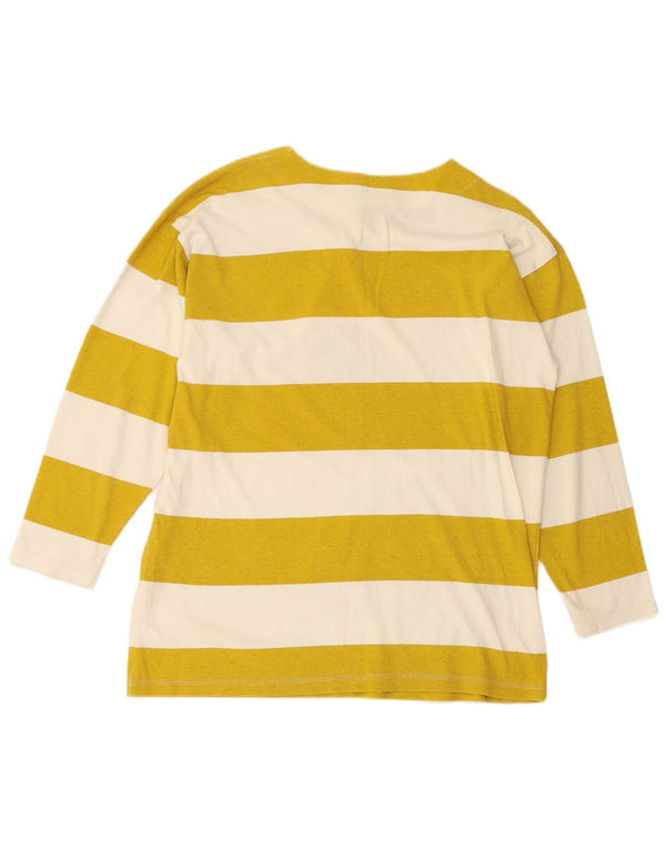VINTAGE Damen Grafik Top Langarm UK 14 Mittelgelb gestreift Baumwolle