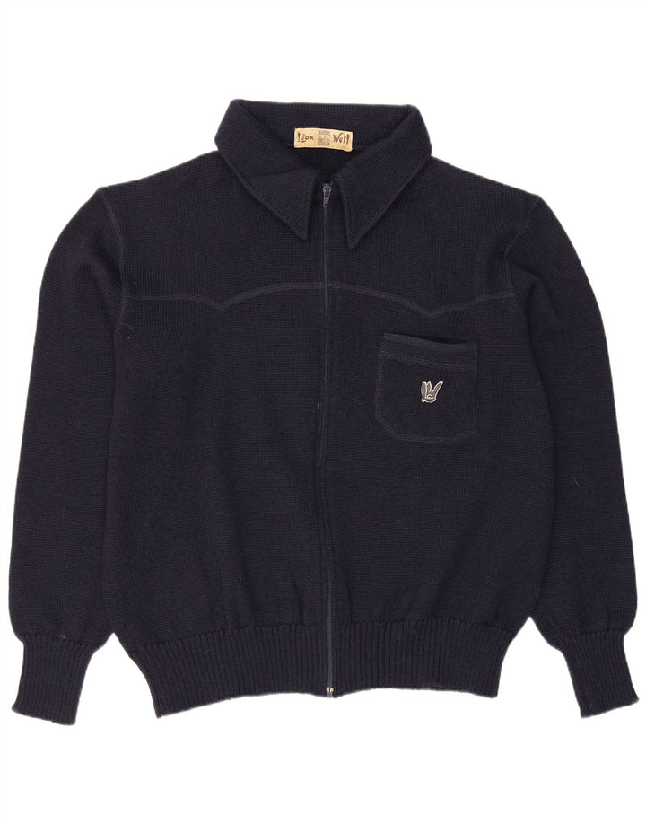 Vintage Mens Full Zip Cardigan Sweater Large Navy Blue Wool