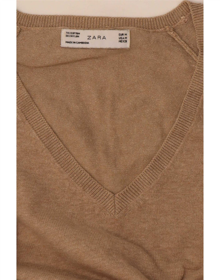 Zara Damen-Pullover mit V-Ausschnitt, UK 12, mittelbeige Baumwolle