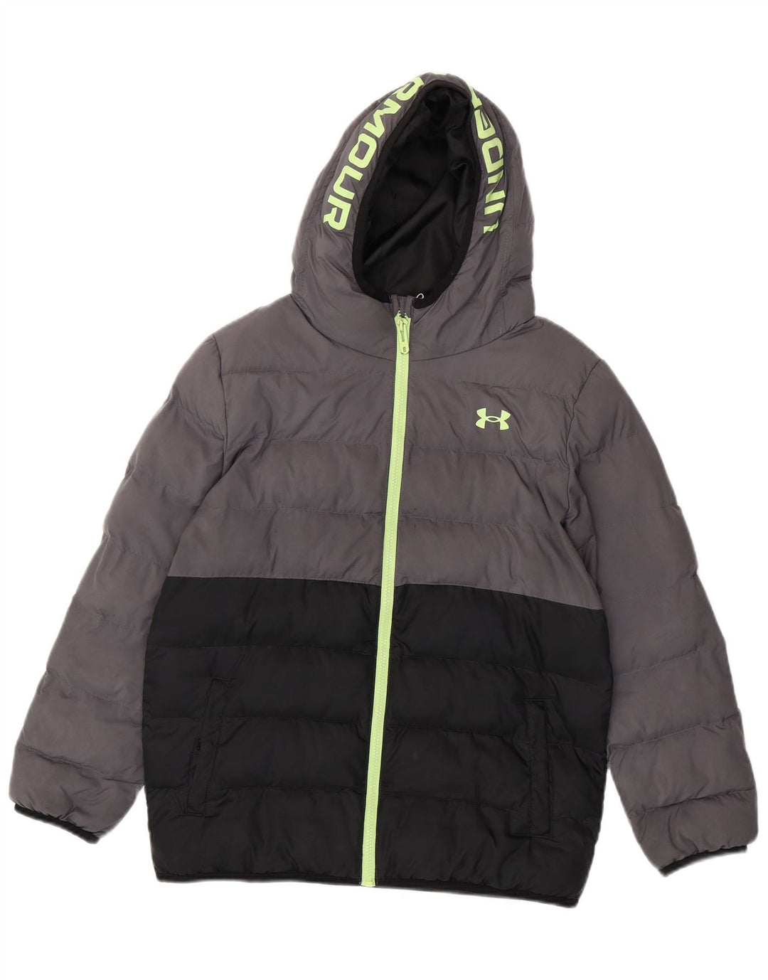 Under Armour Jungen gepolsterte Jacke mit grafischer Kapuze, 12–13 Jahre, graues Farbblockdesign
