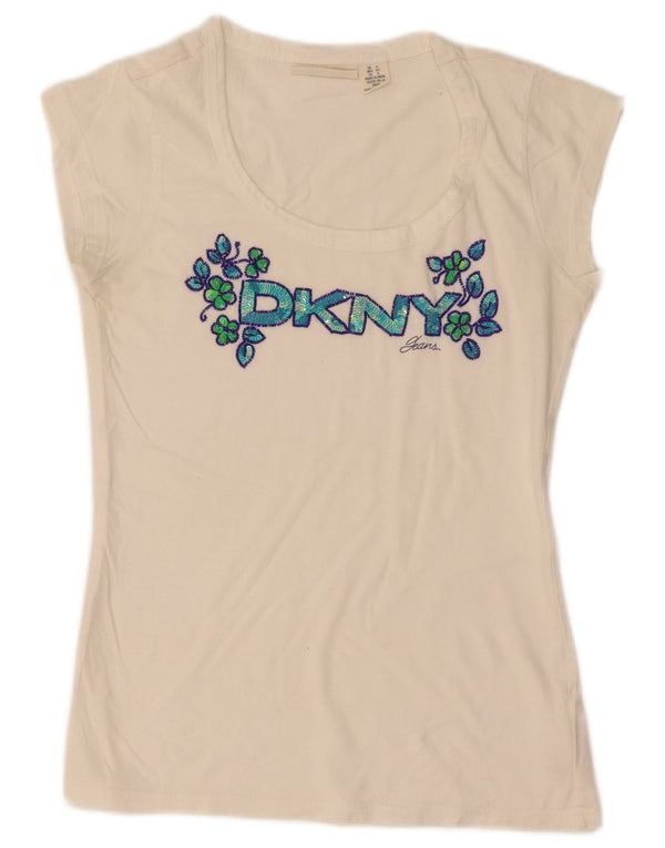 Dkny Womens Graphic T-Shirt Top UK 8 Small Weißes Blumenmuster aus Baumwolle