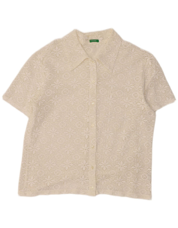 Benetton Damen-Hemdbluse aus Spitze, kurzärmelig, Gr. 46, Größe L, weiß, geblümt