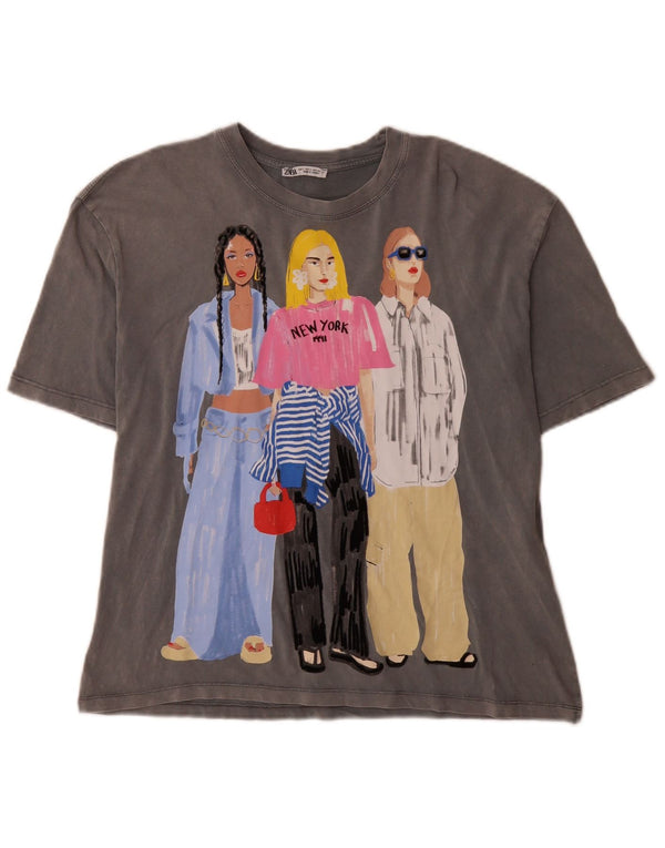Zara Womens New York Graphic T-Shirt Top UK 10 Small Grau Baumwolle