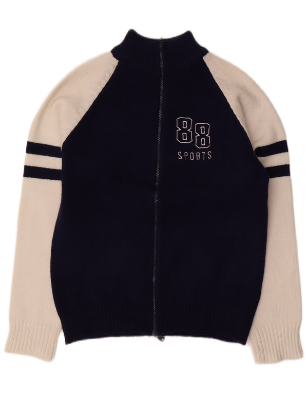 VINTAGE Grafischer Damen-Cardigan-Pullover UK 14 Medium Navy Blue Colourblock