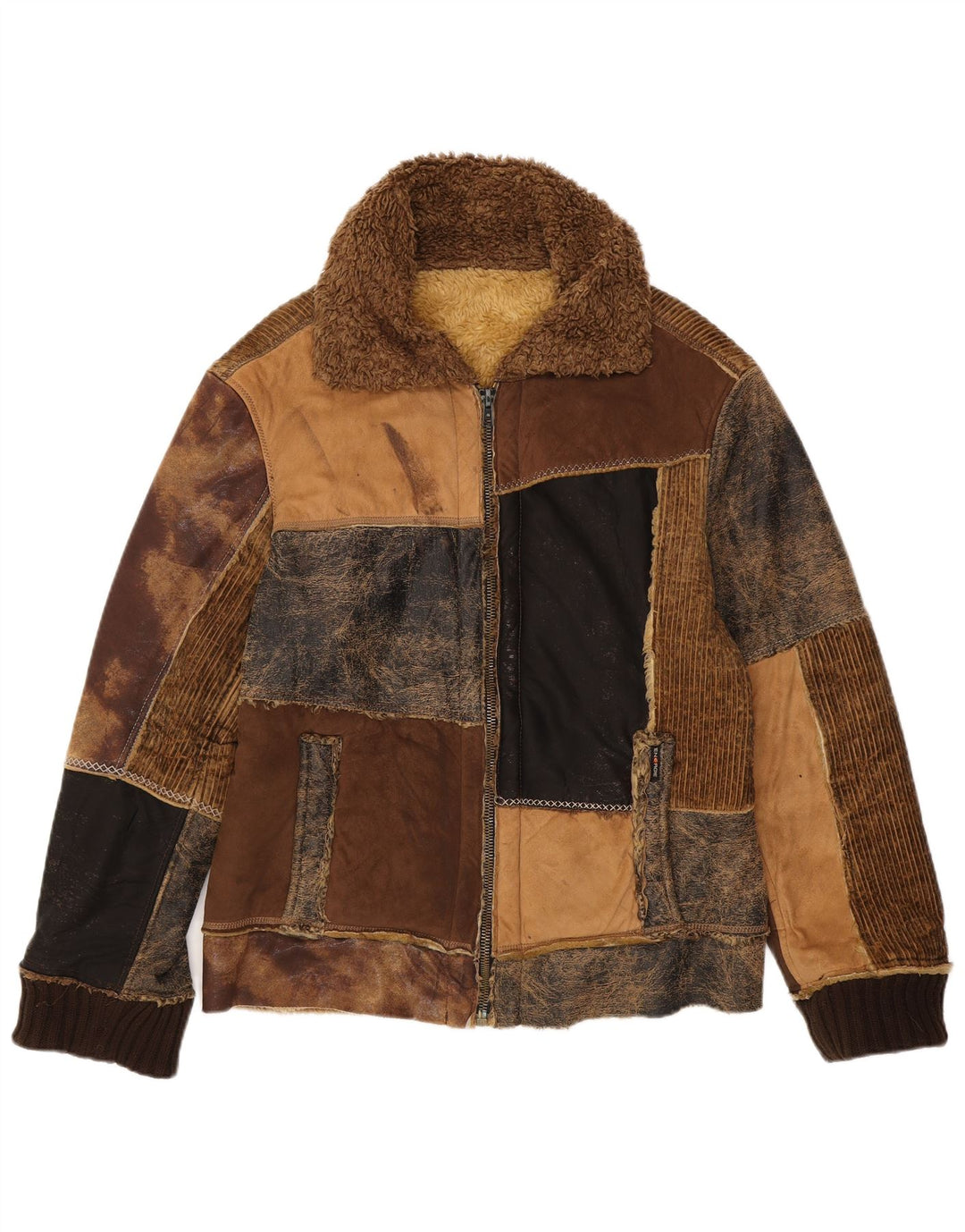 ENERGIE Herren-Sherpa-Jacke, UK 40, groß, braune Patchwork-Baumwolle