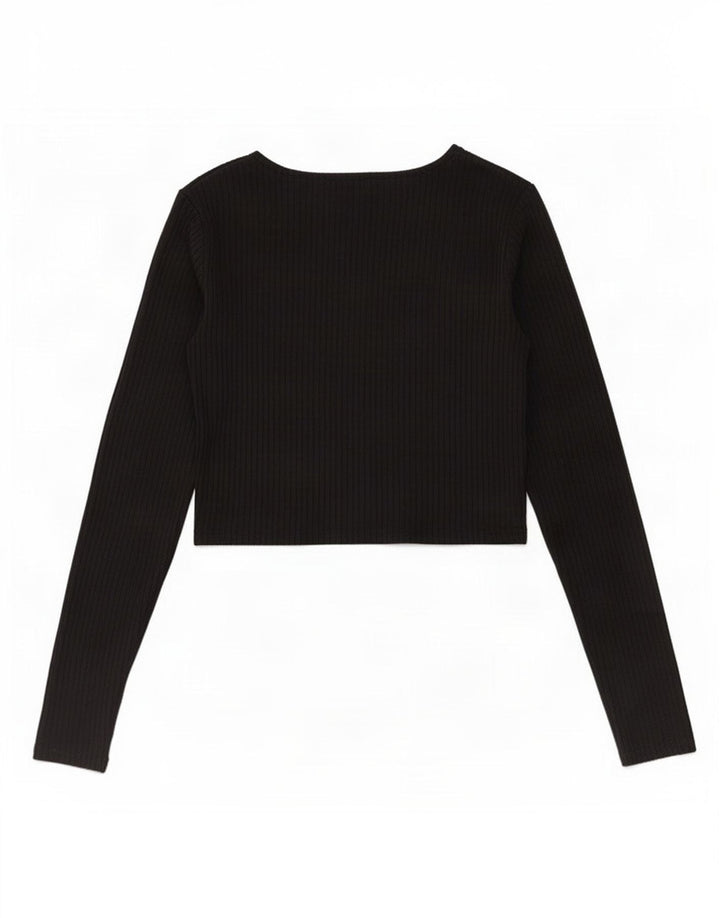 Zara Damen Crop Top Langarm UK 12 Medium Schwarz Polyester